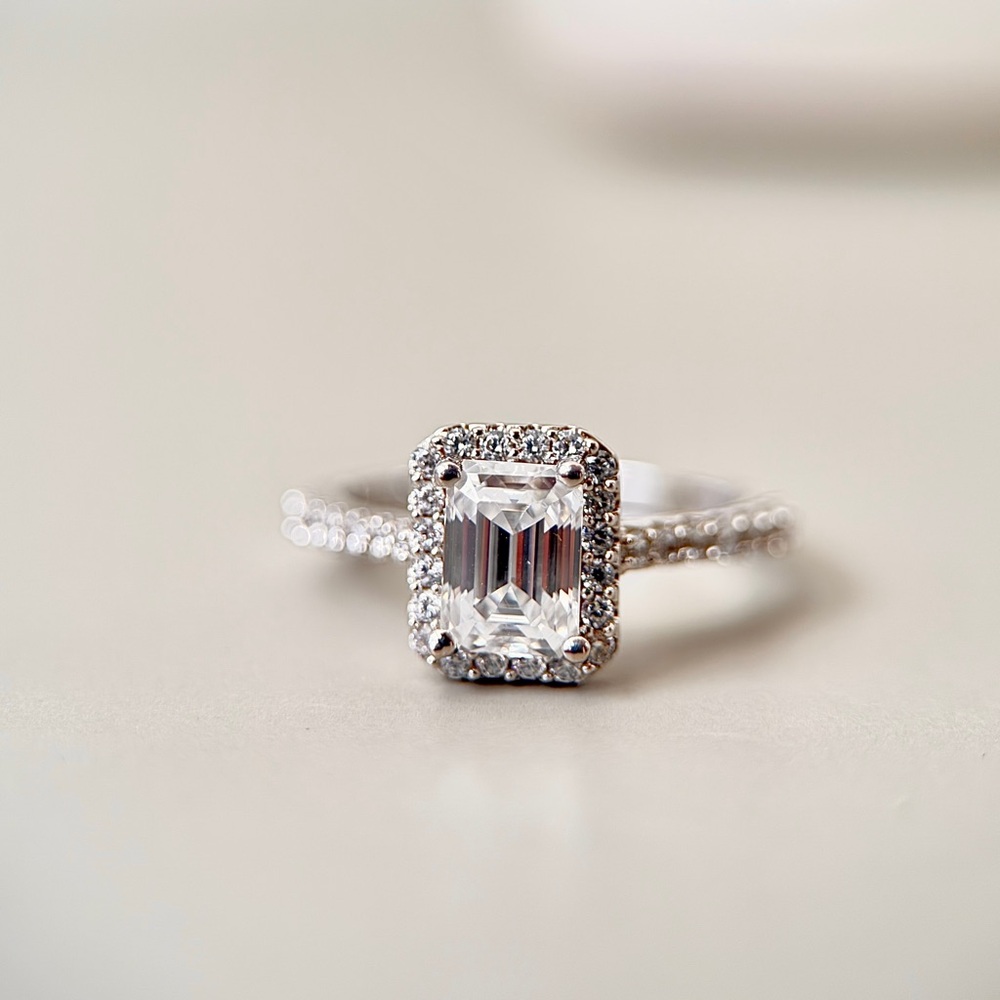 1.35ctw S925 Moissanite Emerald Cut Halo Engagement Ring 18K Gold Plate